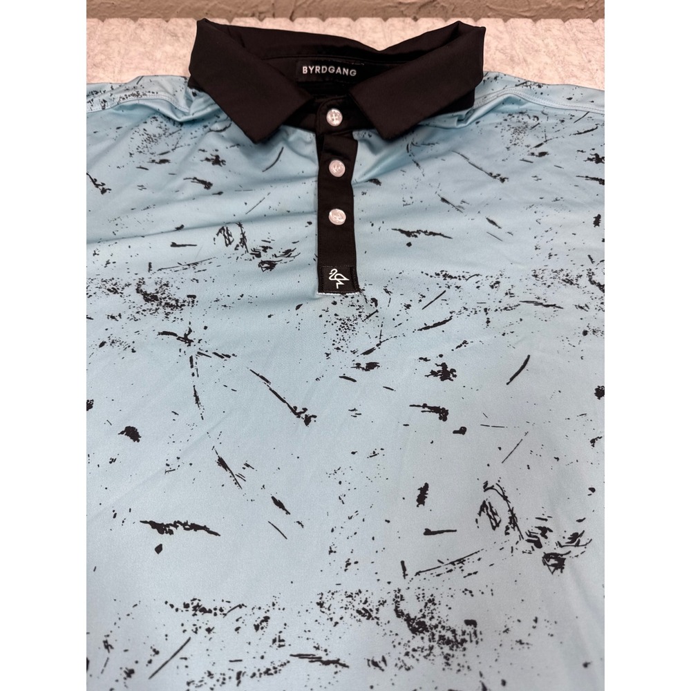 Byrdgang Mens XL‎ Performance Golf Polo Shirt Aqua Black Splatter Flamingo Logo